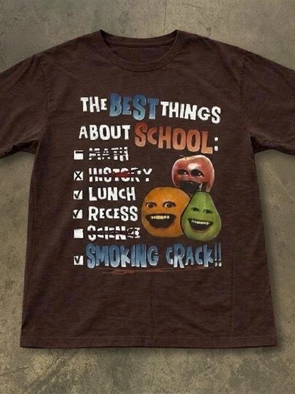 Gildan Brown Graphic Tee with Colorful Fruit Characters